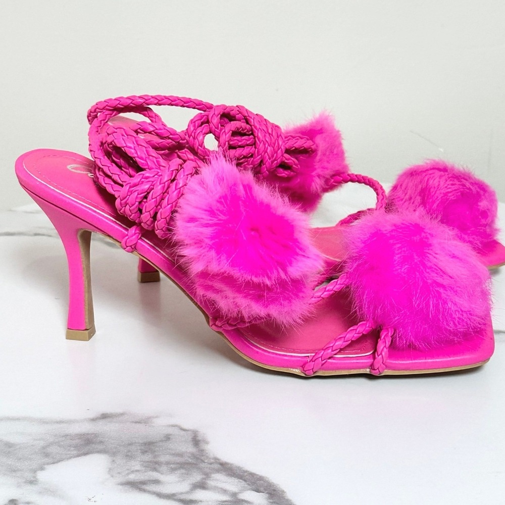Cape Robbin Marje Pink Faux Fur Pom Pom Lace Up Braided Stiletto Heels SZ 7 NEW - Picture 4 of 7